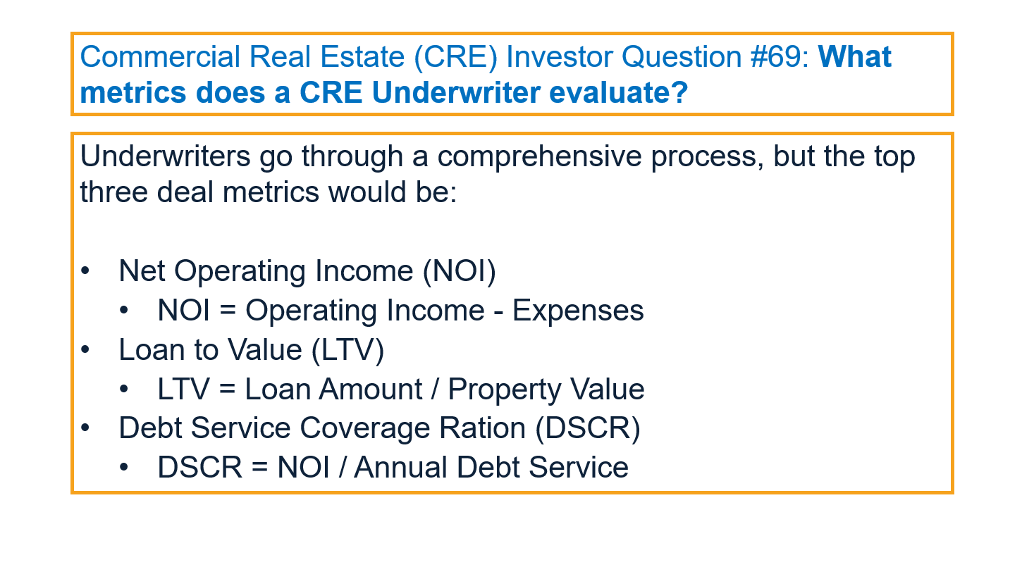 What metrics does a CRE Underwriter evaluate?